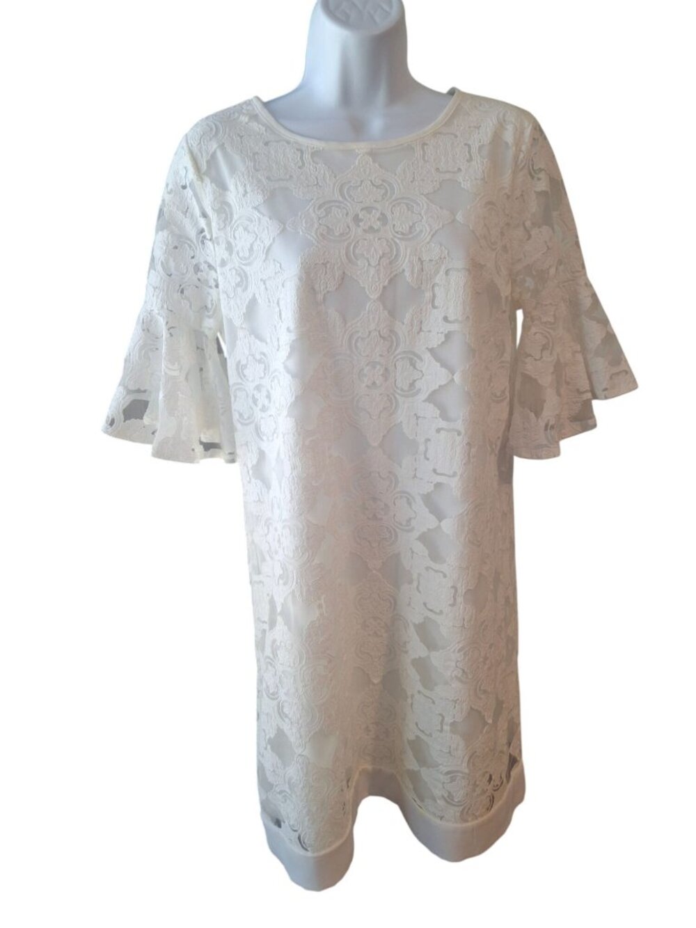 Kaari Blue Petite M Ivory Lace Shift Dress Bell Sleeve Romantic Cottagecore